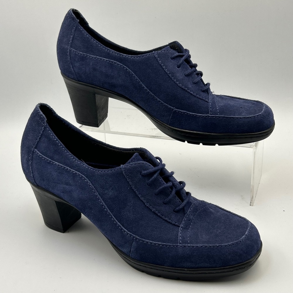 Clarks Bendables VTG Navy Blue Suede Lace Up Oxford Chunky Block Heels 8 Booties